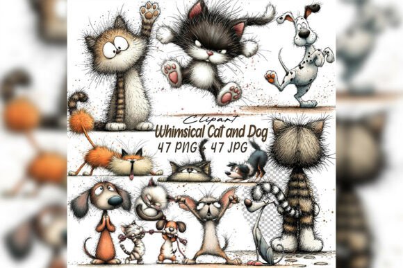 Whimsical Cat Dog Friends Clipart Set